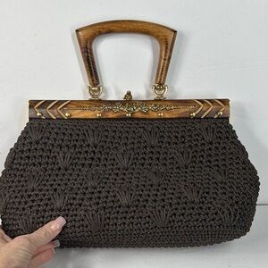 Vintage Retro Macrame Crochet Wood Square Handle Brown Handcrafted Bag
